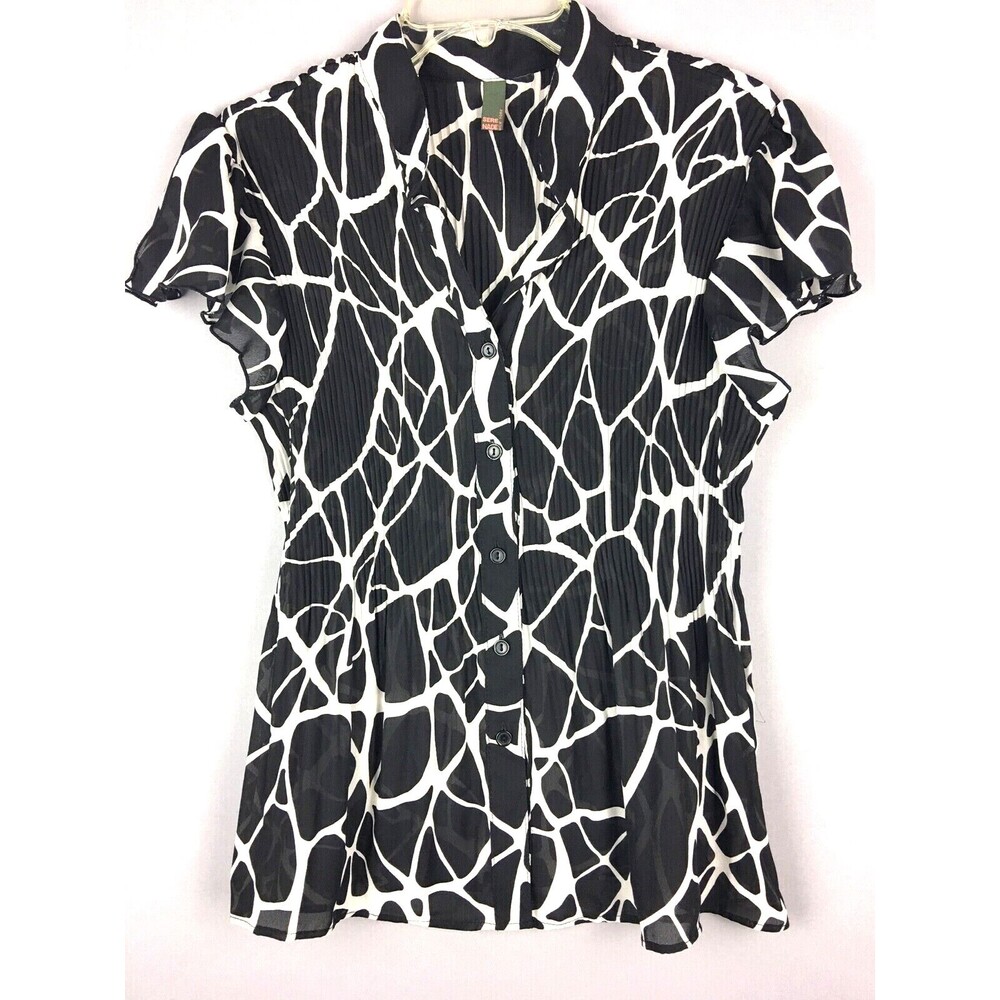 Sere Nade Top Womens Medium Button-Up All-Over Pleats Sheer Geometric BoHo